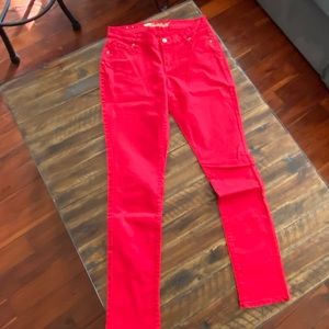 Red denim skinny jeans